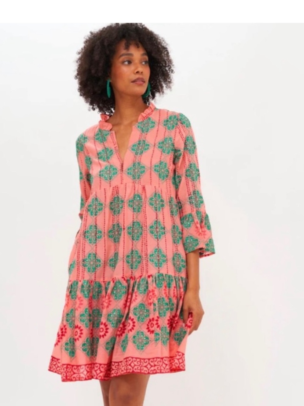 Oliphant Bell Sleeve Tiered Rose Phoenix Dress Coral Green Block Print XXS